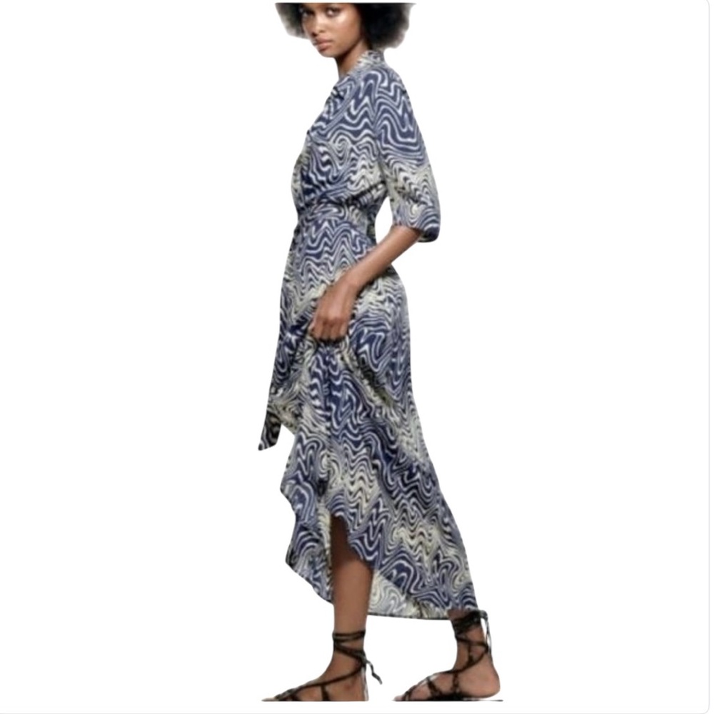 New Zara Midi Shirt Dress Button Down Blue Waves Nautica Costal Resortwear Flowy